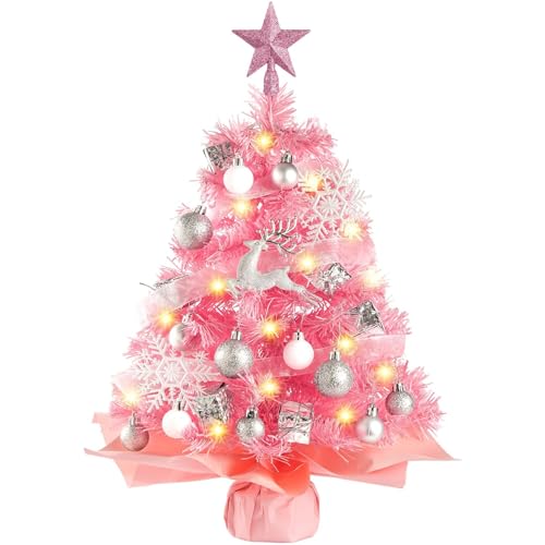 N&T NIETING Mini árbol de Navidad con iluminación LED, árbol artificial de Navidad de 61 cm, pequeño árbol de Navidad de mesa para decoración de fiesta navideña en casa, oficina (Rosa)