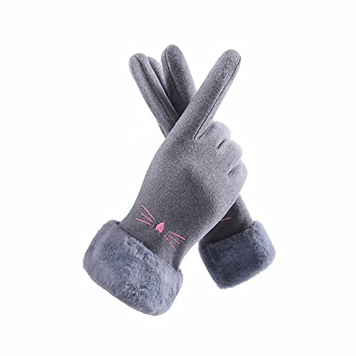 YOLAI Fashion Cute Cartoon Cat Gloves for Women Winter Driving Mittens Thickened Fleece Lined Warm Gloves (Grey, One Size)