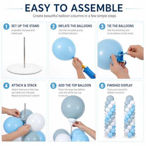 Image of 2 Sets Adjustable Balloon Column Stand Kit with Bases(Dusty Blue White) | Reusable Stainless Steel Poles, 102 Balloons with Pump, Floor Decor, Baby Shower Birthday Wedding Bridal shower Engagement