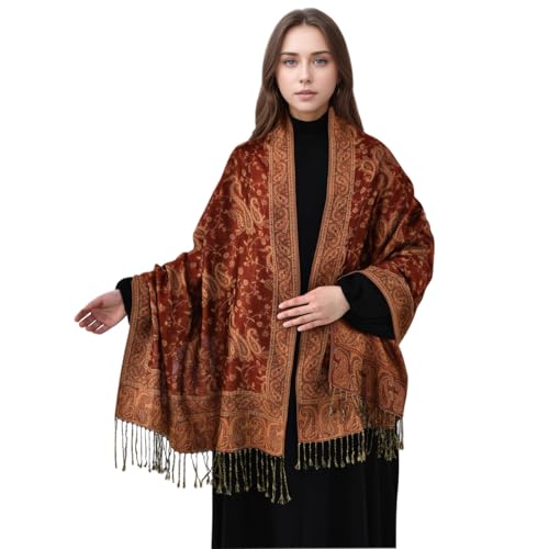 LMVERNA Soft Pashmina Shawl for Women Ethnic Paisley Two Tone Jacquard Scarf for Formal Wedding Bride(Copper)
