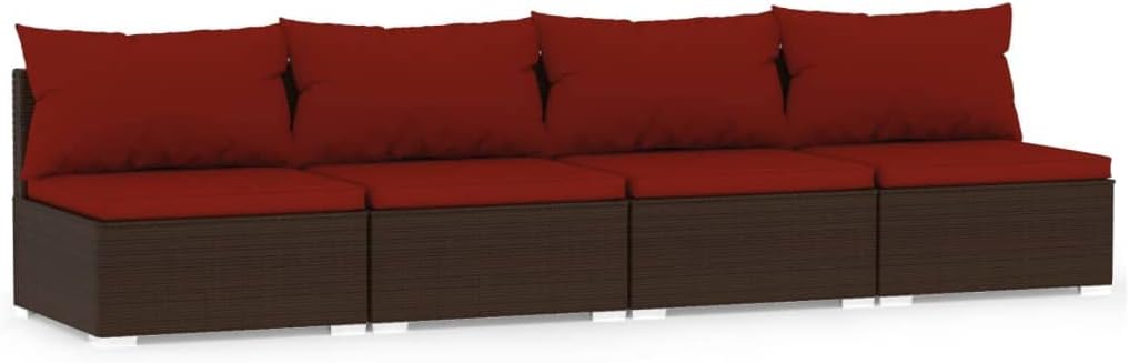 vidaXL 4-Seater Patio Sofa - Comfortable Outdoor Seating with Cushions - Resistant PE Rattan and Steel Material - Brown and Cinnamon Red