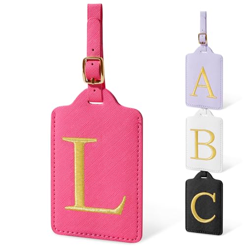 Image of Personalized Initial Luggage Tags for Suitcases, Cute PU Leather Embroidered Letter Travel Luggage Tags, Suitcase Identifier Name Baggage Tag, Bag Tags for Men Women Kids Luggage Handbags(Rosered L)
