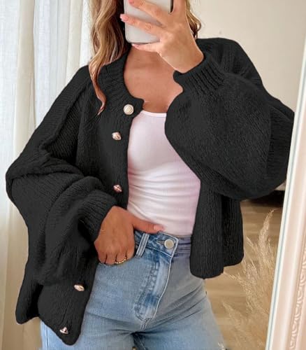 Womens Cropped Cardigan Chunky Knit Button Up Sweater 2025 Fall Lantern Sleeve Jacket Coats3