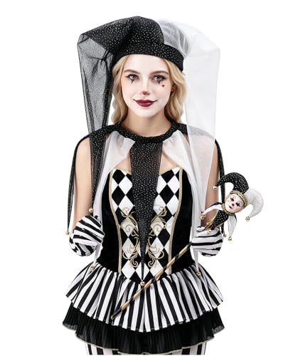 Cdecgo Jester Hat Clown Collar with Bells Black White Mesh Funny Costume Party Accessories Set (Black White)