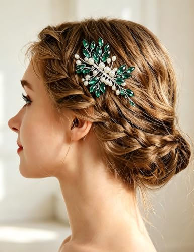 BERYUAN Crystal Rhinestone Hair Comb Pearls Headpiece Teardrop Rhinestone Wedding Hair Accessories for Women (peacock green)