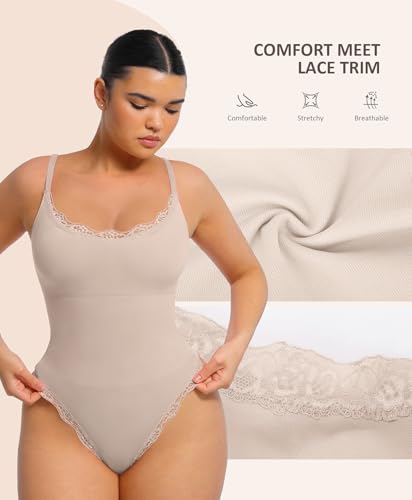 Image of FeelinGirl Lace Bodysuits for Women Shapewear Tummy Control Thong Cami Bodysuit Tops with Adjustable Spaghetti Straps