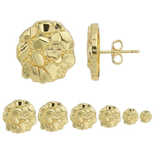 14k Gold Plated Round Rough Textured Cookie Nugget Stud Earrings For Men/Women Unisex