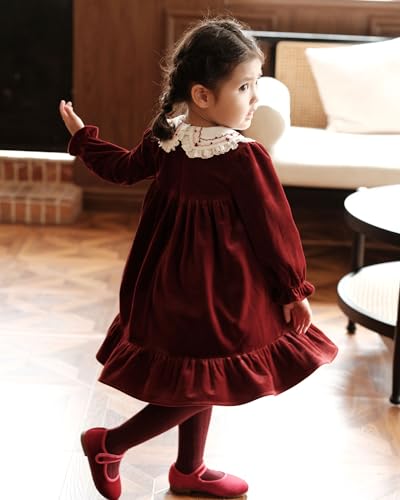 Twoflower Baby Girls' Dresses,Toddler Vintage Christmas Party Velvet Fall Dress with Long Ruffle Sleeve and Peter pan Collar4