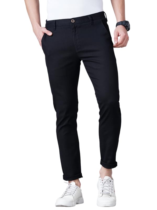 Image of British Club 100% Cotton Slim Fit Flat-Front Trousers for Men | Tailored Design for a Clean Look | Versatile for Office & Casual Wear | Lightweight Breathable Fabric | Black