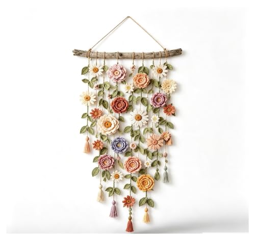 Crochet Flower Wall Hanging, Handmade Cotton Boho Macrame Decor