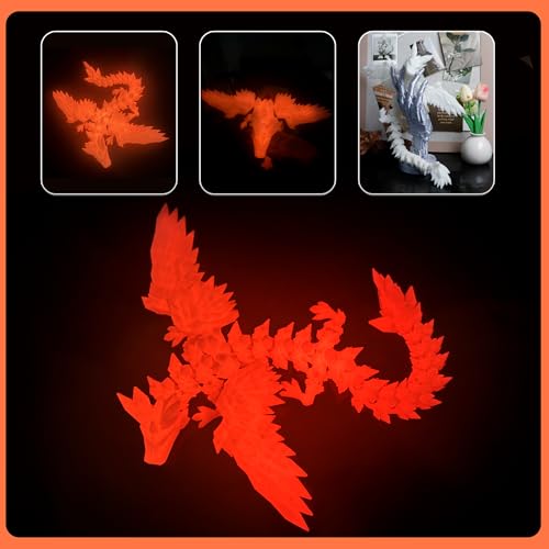 Image of 3D Printed Dragon with Wings - Glow Orange, 18 inch Flying Dragon, XL Articulated Winged Crystal Fidget Toy, Home Decor, Birthday Gift, Desk Pet