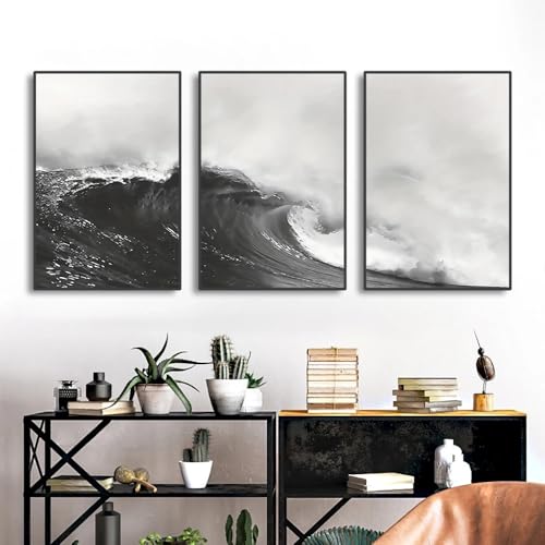 Juego de 3 Lienzos Abstractos de Olas del Océano en Blanco y Negro Arte de Pared Póster de Paisaje Marino Impresión Artística Sala de Estar Oficina Decoración del Hogar 30*40Cm (Impresión Sin Marco)