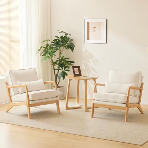 Image of Karl home Mid-Century Modern Accent Reading Chair, White | Linen Upholstered, Solid Wood Frame, Soft Cushion, Lumbar Pillow, Lounge Armchair for Living Room, Bedroom, Balcony, Study