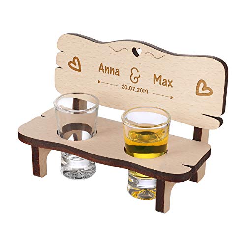 Banco de chupitos con 2 Vasos de chupito Personalizados, Banco de Madera, Personalizable con Nombre, Bodas, diseño de corazón Doble