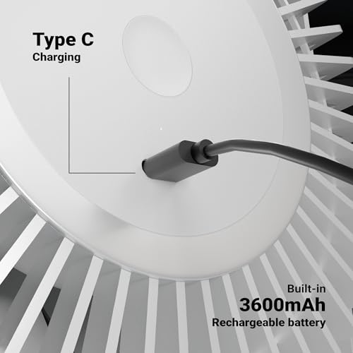 Image of Zebronics Heat Buster 300, Portable Desk Fan, Upto 13h Backup, 3600mAh Rechargeable Battery, 360 Rotatable fan, 4 Speed + 1 Breeze Mode, Wall-Mountable, for Travel, Office, Home (White)