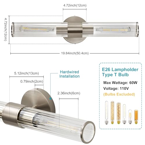 Image of Bathroom Vanity Light Fixtures, Nickel Wall Sconces in Threaded Glass, Modern Wall Light for Bathroom Living Room Bedroom, Hallway