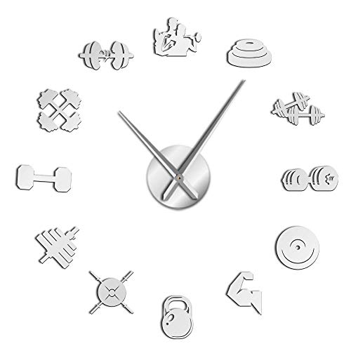 Deportes Equipo de Gimnasio DIY Arte de la Pared Pegatinas Fitness Mancuerna Reloj de Pared Gigante Sin Marco Reloj de Pared Grande Entrenadores de Entrenamiento Regalo (Plata 37 Pulgadas)
