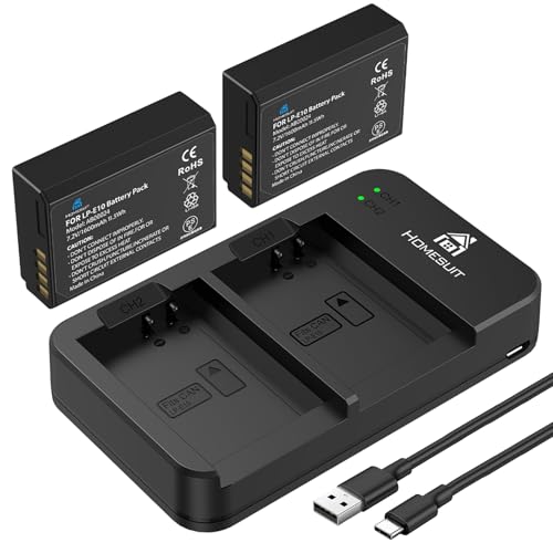 Homesuit LP-E10 Akku 1600mAh & Dual LED Ladegerät Kit für Canon EOS 1100D, EOS 1200D, EOS 1300D, EOS 2000D, EOS Rebel T3, T5, T6, T7, Kiss X50, Kiss X70 Kamera (2er-Pack)