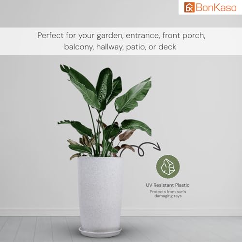 Image of BonKaso 18 inch White Flower Pot - Tall, Durable & Lightweight Polymer Tower Planter for Indoor & Outdoor Use: Home, Office, Garden & Balcony (Gamla /Gamale)