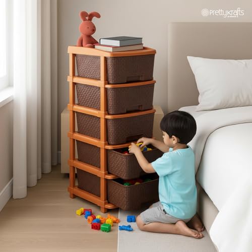 Image of PrettyKrafts 5-Tier Plastic Storage Drawer Organizer | Modular Chest of Drawers & Toy Storage Box for Kids Room, Home, Kitchen & Office | Multipurpose Cabinet Unit (Brown, 36x39x77 cm)