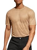 WDIRARA Men's Floral Print See Through Round Neck Short Sleeve Mesh Tshirt Party Top Pure Khaki L