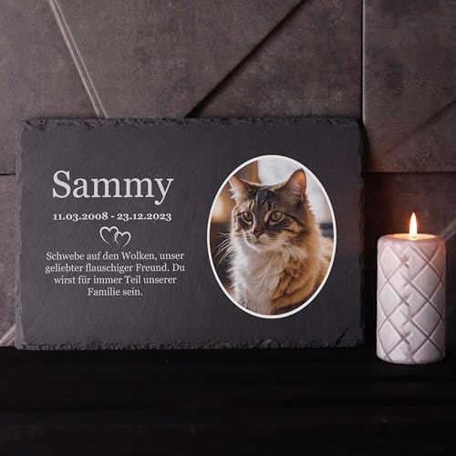 LAUBLUST Personalisierte Grabplatte mit Name & Foto als Grabschmuck für Hund, Katze & andere Haustiere - Herzen, 3 Größen | Schieferplatte mit Gravur als Tiergrabstein Deko & Tiere Grabtafel