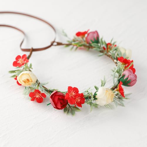 KorViSHOW Handmade Flower Crown Floral Headpiece Girls Headband for Birthday Party Weeding Halo Floral Wreath Flower Women Headdress Festival Cosplay(Red Style)
