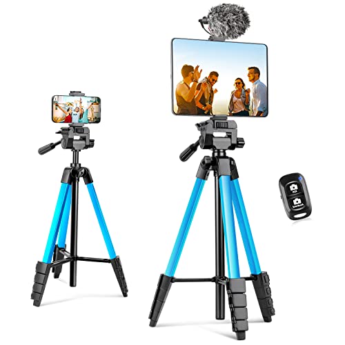 Image of Aureday Phone Tripod Stand, 64 inch Extendable Cell Phone&Camera Tripod with Wireless Remote and Phone Holder, Aluminum iPad Tripod for Video Recording /Selfies /Live Stream /Vlogging (Blue)