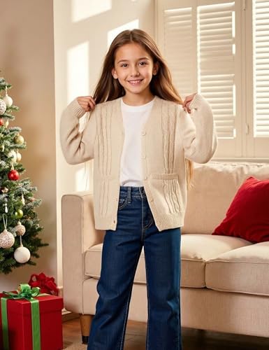 Image of Girls' Cardigan Sweater Long Sleeve Button Down Knit Sweater with Pockets School Uniform Outerwear 4-13 Years