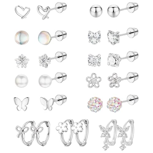 JSTHHTT 13 Pares Pendientes Niña Hipoalergenicos con Espalda Plana Pendiente Aro Plata Pendiente con Flor Mariposa Corazón Estrella Pendientes para Bebe Niña