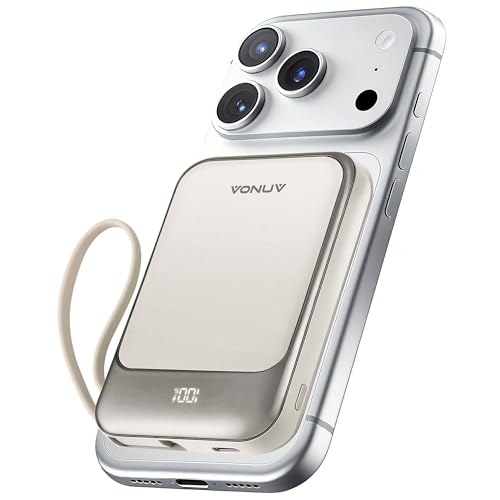 VONUV Magnetic Power Bank 10000mAh, Wireless Portable Charger with 15W Max Fast Charging & Built-in USB-C Cable, 22.5W PD LED Display Battery Pack Compatible with iPhone 16/15, Samsung Galaxy(White)