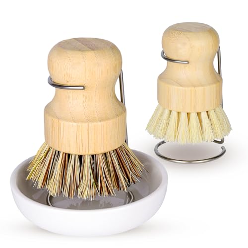 DEBETOOL Bamboo Dish Brush Set with Holder - Natural Dish Scrub Brush for Cleaning Dishes, Fast Dry Design Kitchen Dish Brush for Sinks & Pots