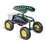 KARMAS PRODUCT Steerable Rolling Garden Work Seat with Wheels, Garden Stool Cart with Tool Tray and Storage Basket Heavy Duty Scooter Green