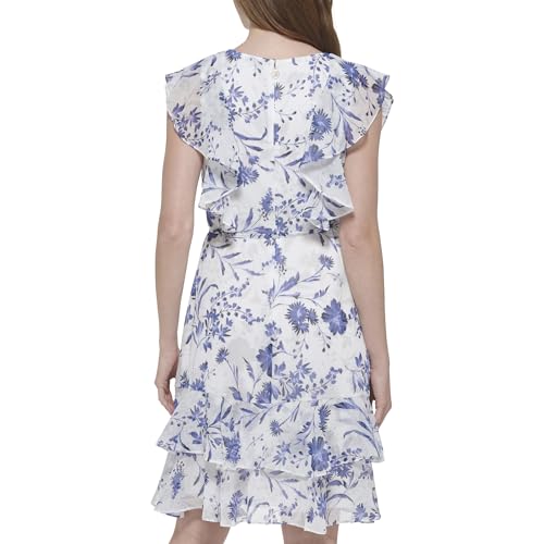 Image of Tommy Hilfiger Women's Sleeveless V-Neck Ruffle Trim Tie Waist Chiffon Mini Dress