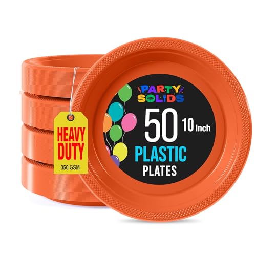 Exquisite Party Solids Orange Plastic Plates For Party Supplies 10 Orange Disposable Plates Heavy Duty 50 Pcs Plastic Dinnerware Sets Heavy Duty 350 GSM Disposable Dinnerware Set