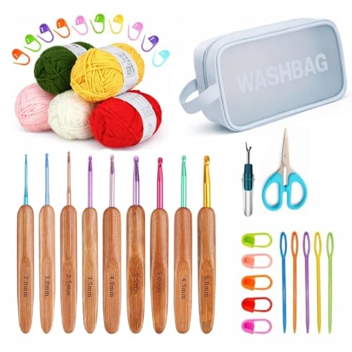 Image of VIRADHAM Crochet Hook Set with Yarn - Beginner Crochet Kit, Bamboo Ergonomic Hooks 2.0-6.0mm, Stitch Markers, Scissors, Yarn Needles & Storage Bag (Wood Rainbow Crochet Yarn Pouch kit)