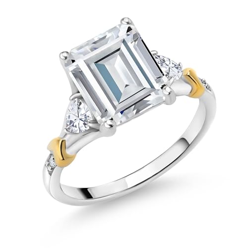Gem Stone King 925 Silver and 10K Yellow Gold White Moissanite Engagement Ring For Women (3.89 Cttw, Emerald Cut 10X8MM, Trillion 3.5MM)