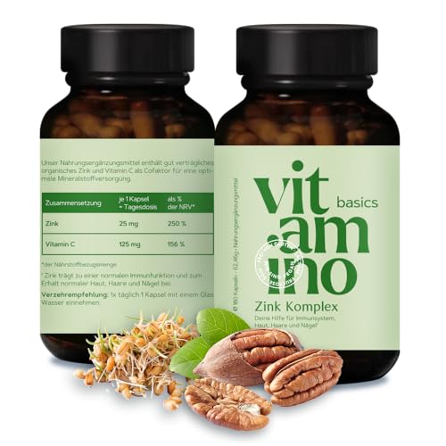 Vitamino Basics Zinc Cápsulas altas dosis de zinc con zinc y vitamina C, para sistema inmunológico, piel, cabello y uñas, vegano, sin gluten, sin lactosa, 180 cápsulas