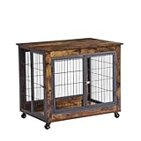DMFDCHAN Furniture Style Dog Crate Side Table, Pet Cage, Kennel, Pet Condo, Pet Bed on Wheels with Double Doors and Lift Top. Rustic Brown, 31.50''W x 22.05''D x 25''H.