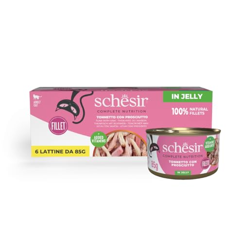 Schesir, Thunfisch mit Gelee-Schinken, komplettes Nassfutter für Katzen, mit zusätzlichen Vitaminen, 100% natürlich, 6 Dosen à 85 g