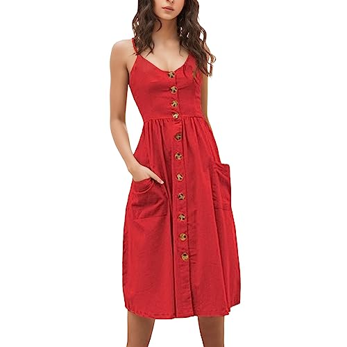 Vestido Mujer Vestido Largo Verano Mujer Manga Volante Novedad de Verano para Mujer, Vestido Sexy con Tirantes y Espalda Descubierta con Botones, Vestido Midi Bohemio con estamp
