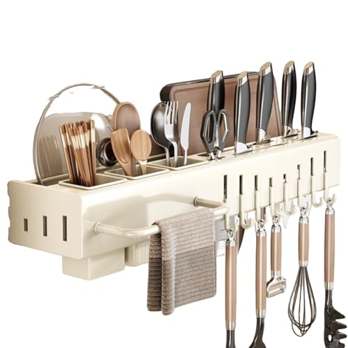WYQXTY Wall Mount Kitchen Spice Utensil Rack Kitchen Utensil Rack Wall Mount, No-Drill, Hooks, Knives Chopsticks, White, Black, 30-60cm(White,50cm)