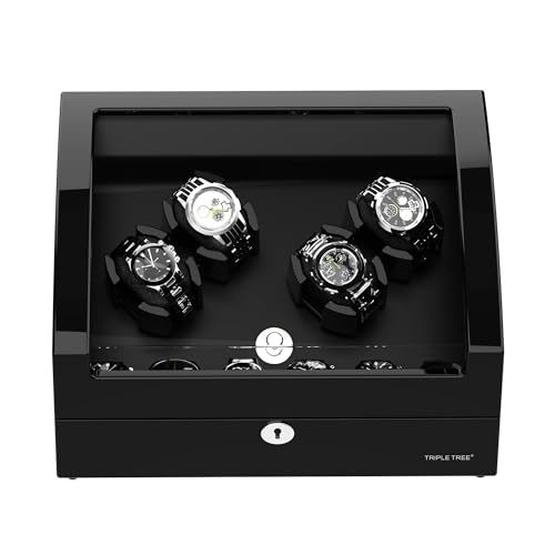 TRIPLE TREE Watch Winder for 4 Automatic Watches, with Extra 6 Watch Storages, Wood Shell Piano