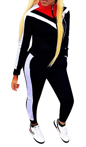 Women's Color Block Tracksuit Set Zipper Jacket and Pants 2 Piece Sports Jog Set