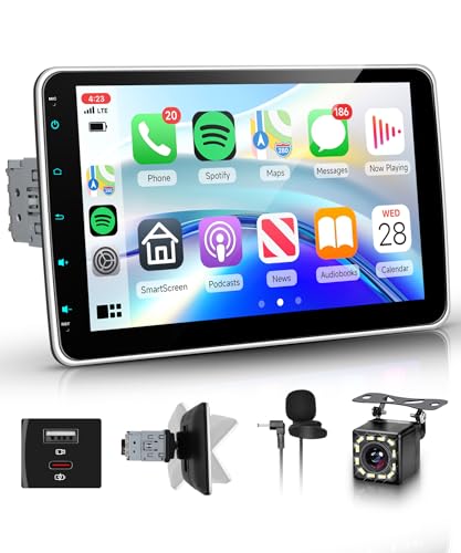 Hodozzy Autoradio 1 Din avec 10,1“ IPS Écran Amovible avec USB USB-C, avec CarPlay Android Auto sans Fil, Poste Radio avec Bluetooth 5.2/Youtobe/FM/EQ/SWC + Caméra de recul