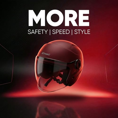 Image of Xtrac Ace ISI Certified Open Face Helmet for Men & Women | Half Face Bike Helmet with Scratch-Resistant Clear Visor | Lightweight ABS Shell | Quick Release Buckle | Wine Red - L