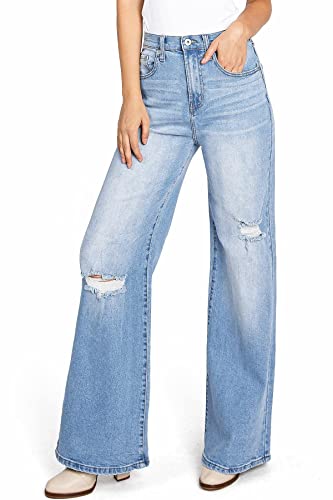 Women's Juniors High Rise Super Wide Leg Flare Jeans (11, Light Denim)2