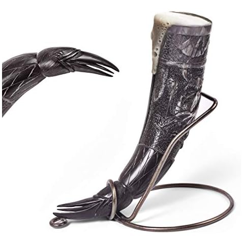 Norse Tradesman Limited Edition 40 cm Raven Carved Viking Drinking Horn with Brass Stand | Burlap Gift Sack Included | Polished, 40 cm Cover