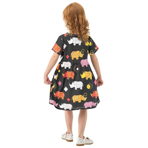 Girls Summer Dress Short Sleeve A Line Colorful Rhinos on Black Casual Dresses for Kids 2-8 Years2