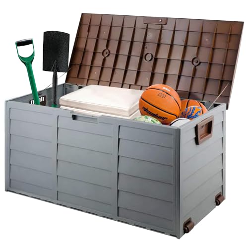 Outdoor Garden Furniture Storage Box - Plastic Seat Utility Chest Cushion Shed Box For Garden Tools, Toys, Equipment | Safe and Secure - All Weather Resistant | Indoor - Brown Lid, Handles and Wheels